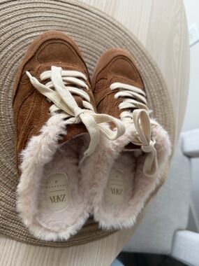 Zara Tan 100% Suede Women's Sneakers with Cream Fur Trim